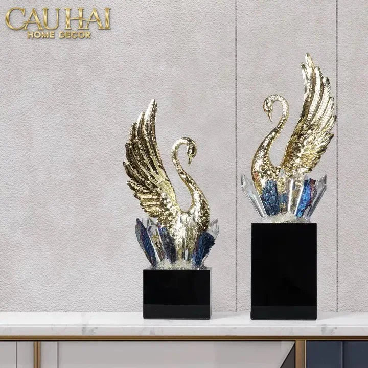 Maison Couture - Set 2 Tượng Thiên Nga Bằng Đồng Đính Pha Lê - Swan D’Amour Azure Cristalleries 15x25/28-TƯỢNG TRANG TRÍ-CẬU HAI HOME DECOR