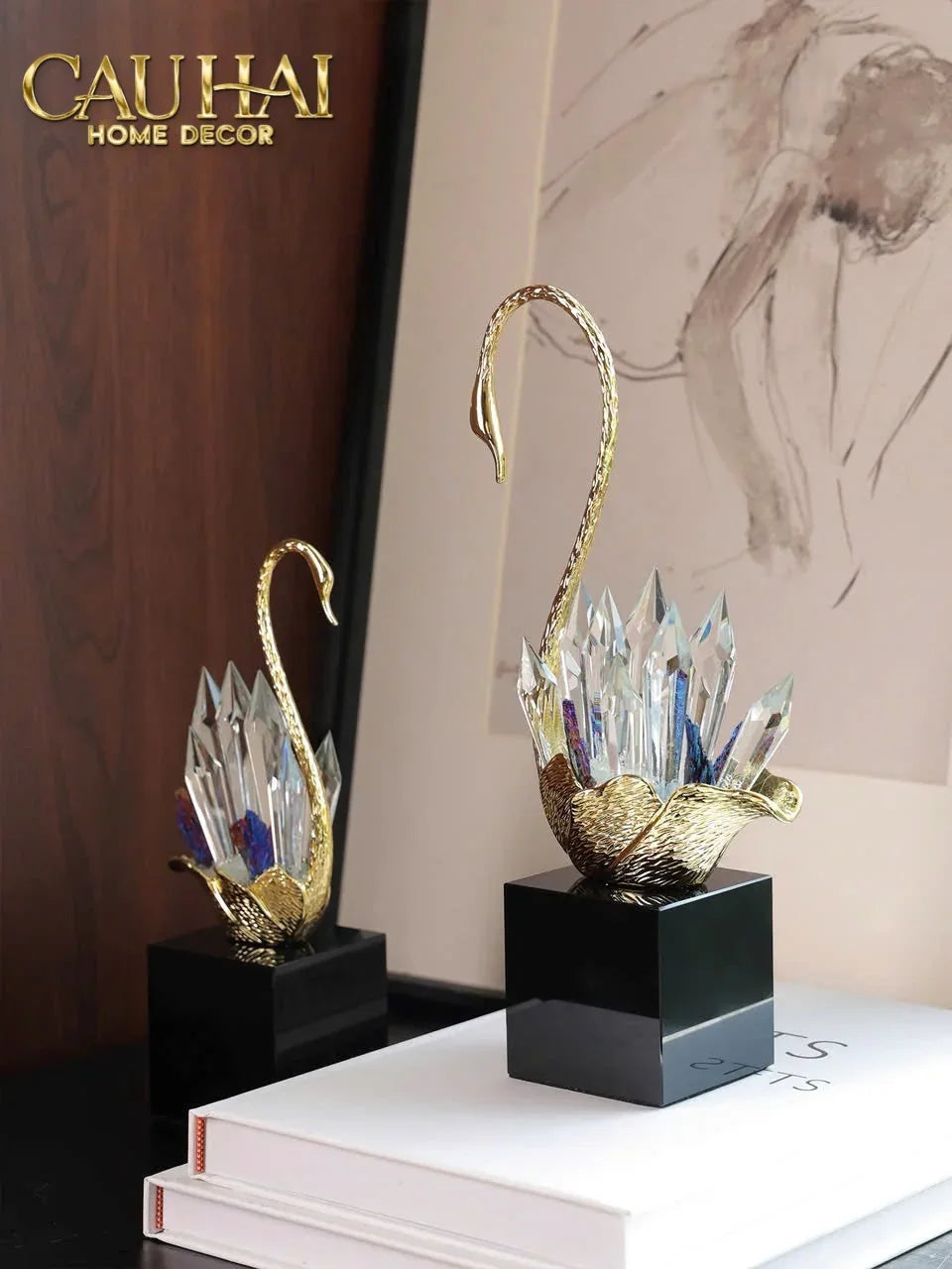 Maison Couture - Set 2 Tượng Thiên Nga Bằng Đồng Đính Pha Lê - Swan D’Amour Azure Cristalleries 15x25/28-TƯỢNG TRANG TRÍ-CẬU HAI HOME DECOR