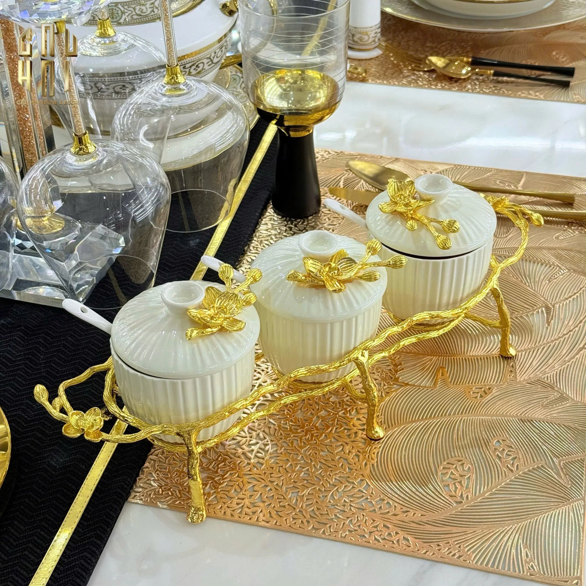 Maison Couture - Set 3 Lọ Gia Vị Golden Brassob Branch Trilogy-Hoa Lụa-CẬU HAI HOME DECOR