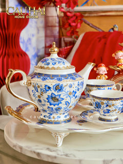 Maison Couture – Set Bình Trà Khay Sứ 6 Tách Indochine Héritage Indigo Blue Floral Porcelain 10Pcs-SET BÌNH TRÀ-CẬU HAI HOME DECOR
