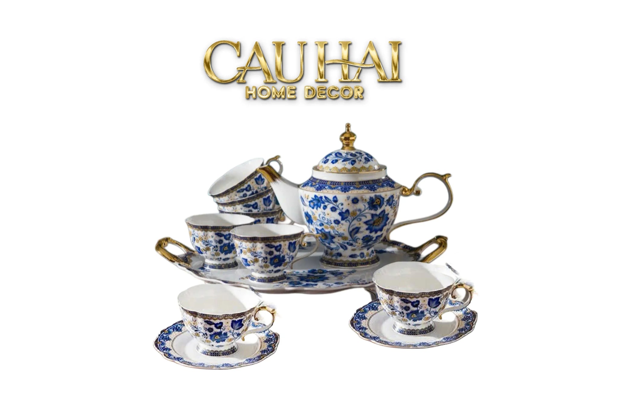 Maison Couture – Set Bình Trà Khay Sứ 6 Tách Indochine Héritage Indigo Blue Floral Porcelain 10Pcs-SET BÌNH TRÀ-CẬU HAI HOME DECOR