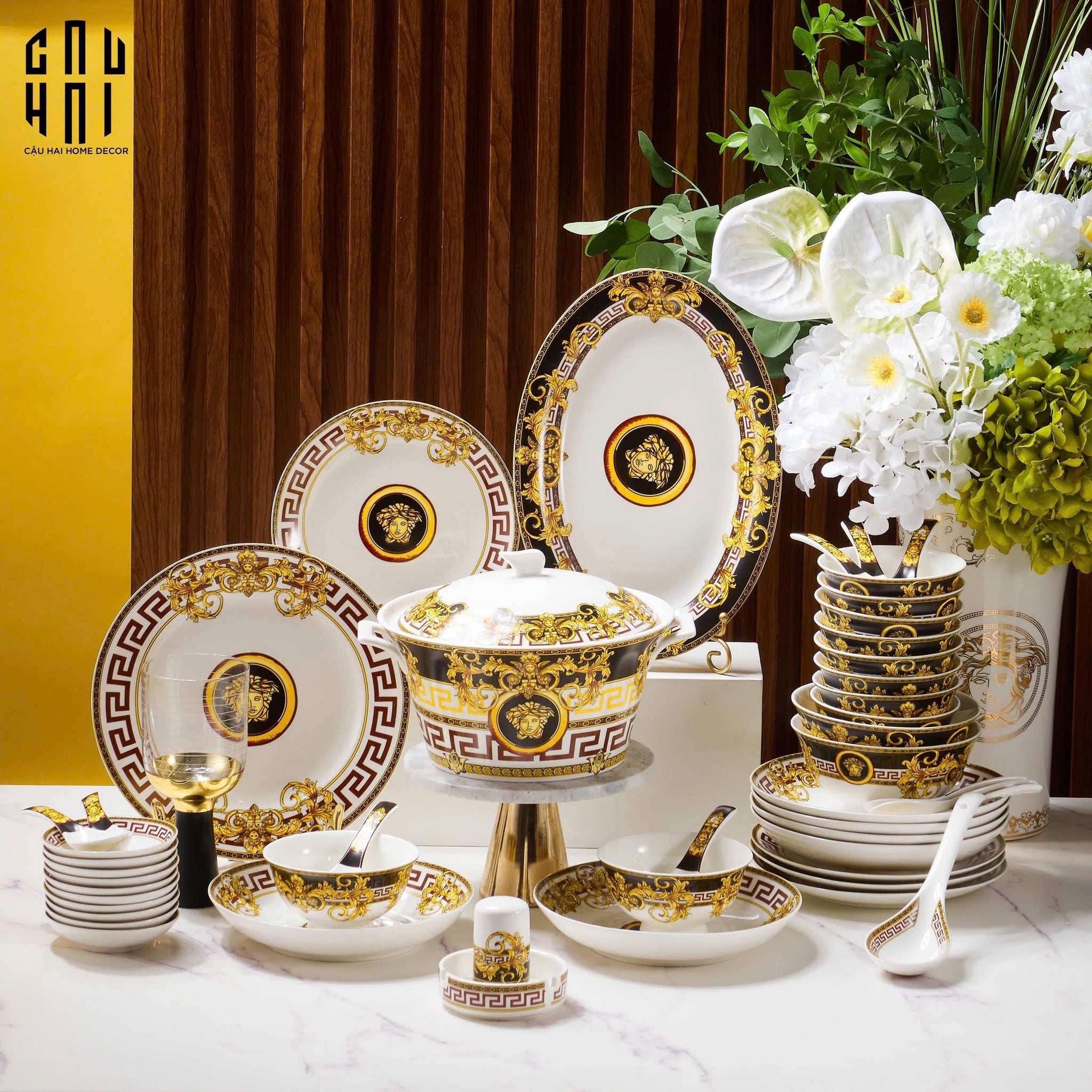 Maison Couture - Set Chén Dĩa Medusa V Class Signature Prestige Gala - Nero Oro Barocco 48Pcs-SET CHÉN DĨA-CẬU HAI HOME DECOR