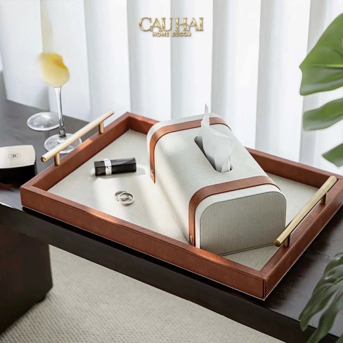 Maison Couture - Set Khay Hộp Giấy Canvas Lux Leather Havana 3Pcs-HỘP KHĂN GIẤY-CẬU HAI HOME DECOR