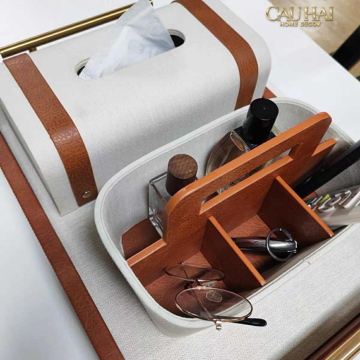 Maison Couture - Set Khay Hộp Giấy Canvas Lux Leather Havana 3Pcs-HỘP KHĂN GIẤY-CẬU HAI HOME DECOR