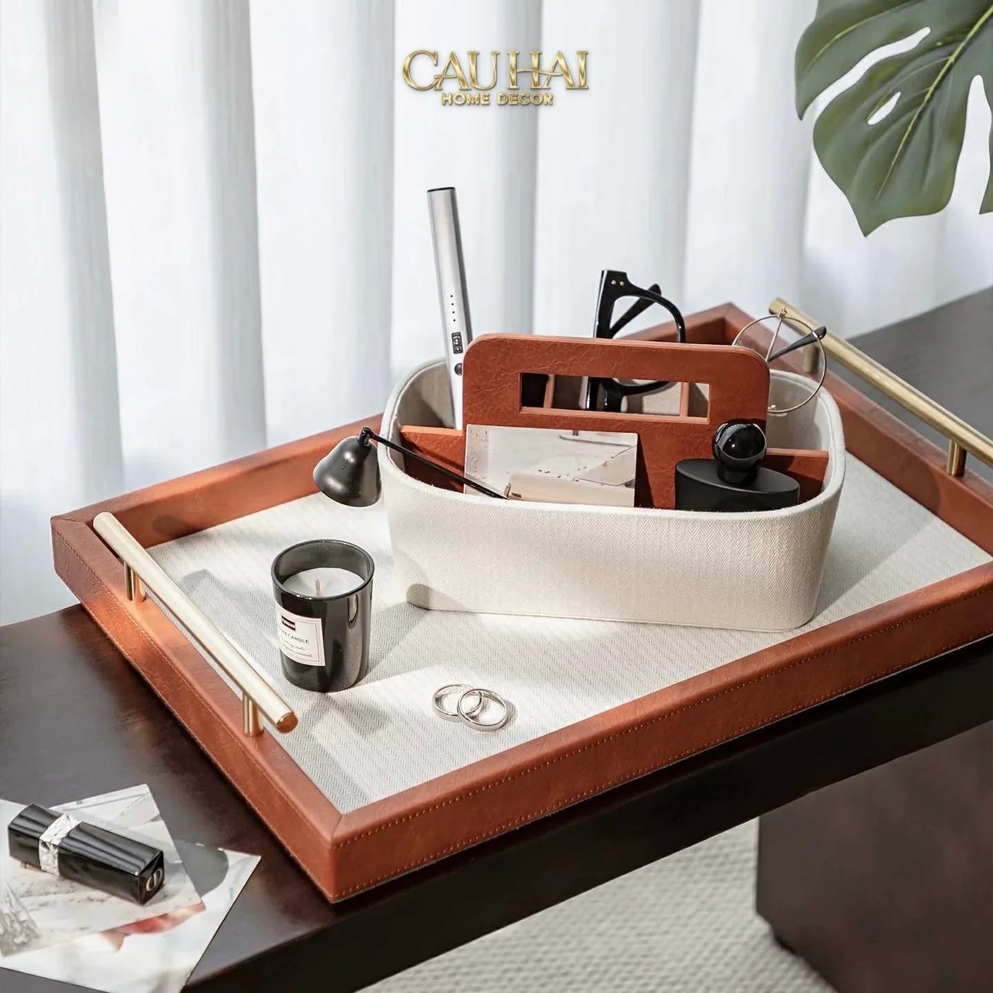Maison Couture - Set Khay Hộp Giấy Canvas Lux Leather Havana 3Pcs-HỘP KHĂN GIẤY-CẬU HAI HOME DECOR