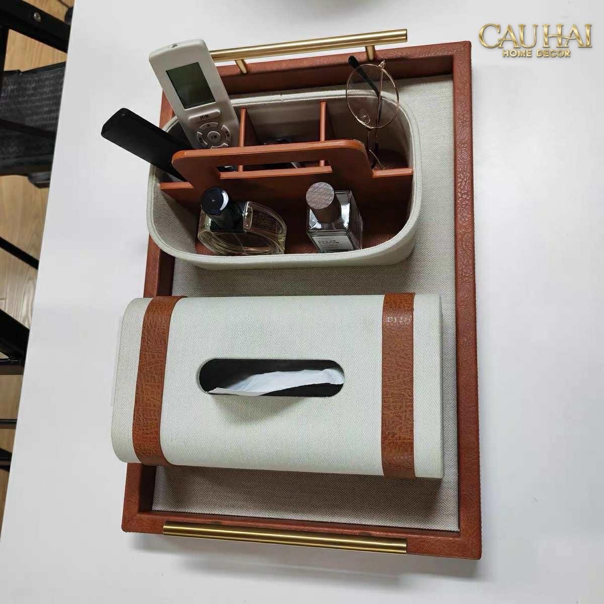 Maison Couture - Set Khay Hộp Giấy Canvas Lux Leather Havana 3Pcs-HỘP KHĂN GIẤY-CẬU HAI HOME DECOR