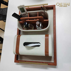 Maison Couture - Set Khay Hộp Giấy Canvas Lux Leather Havana 3Pcs-HỘP KHĂN GIẤY-CẬU HAI HOME DECOR
