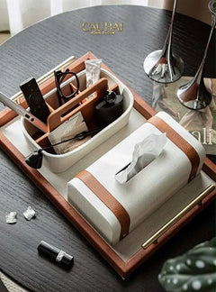 Maison Couture - Set Khay Hộp Giấy Canvas Lux Leather Havana 3Pcs-HỘP KHĂN GIẤY-CẬU HAI HOME DECOR