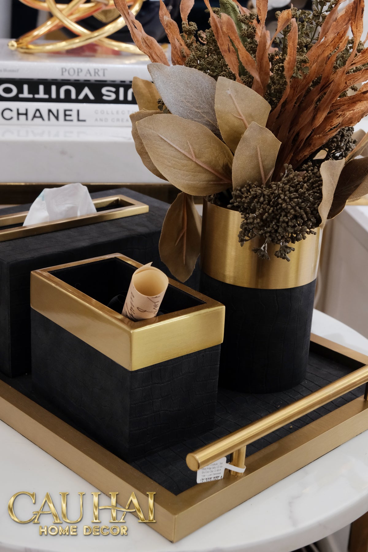 Maison Couture - Set Khay Hộp Giấy Gỗ Sồi Da Cao Cấp Có Bình Hoa - Luxe Oakwood Birkin Noire Vanities 4Pcs 30x40-KHAY TRANG TRÍ-CẬU HAI HOME DECOR-CẬU HAI HOME DECOR