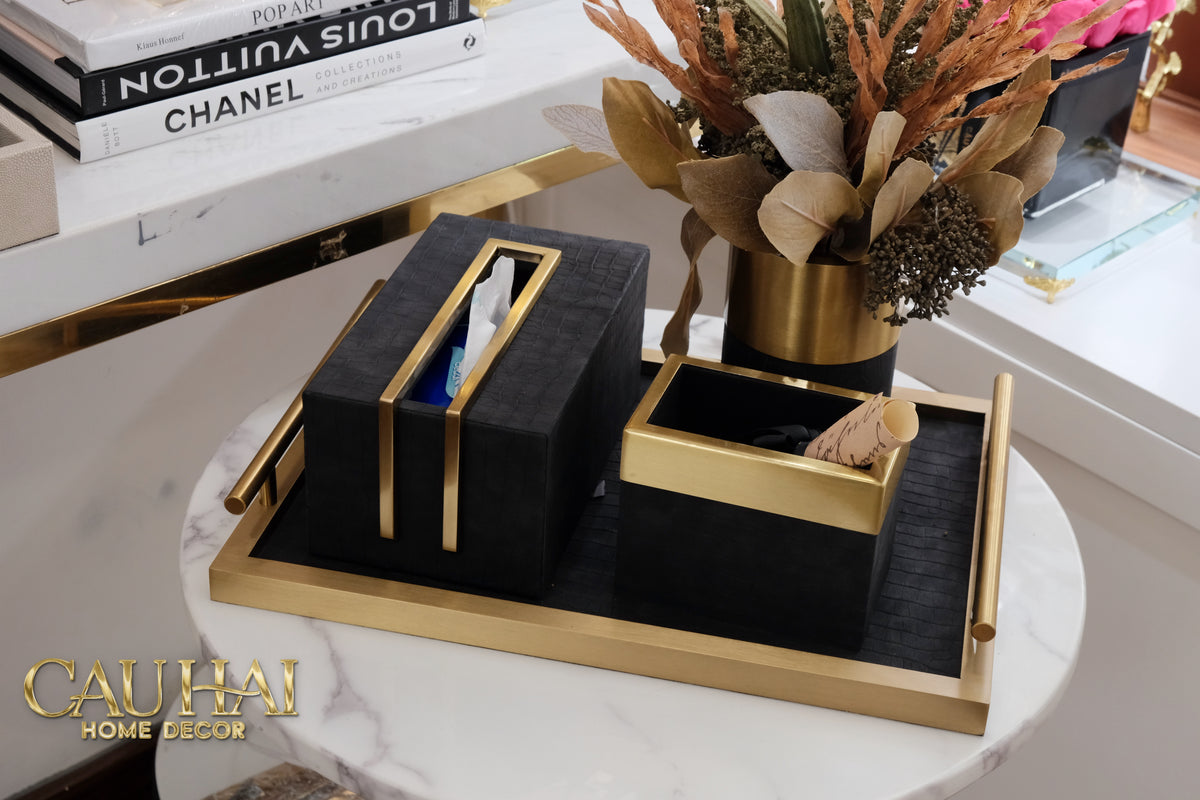 Maison Couture - Set Khay Hộp Giấy Gỗ Sồi Da Cao Cấp Có Bình Hoa - Luxe Oakwood Birkin Noire Vanities 4Pcs 30x40-KHAY TRANG TRÍ-CẬU HAI HOME DECOR-CẬU HAI HOME DECOR