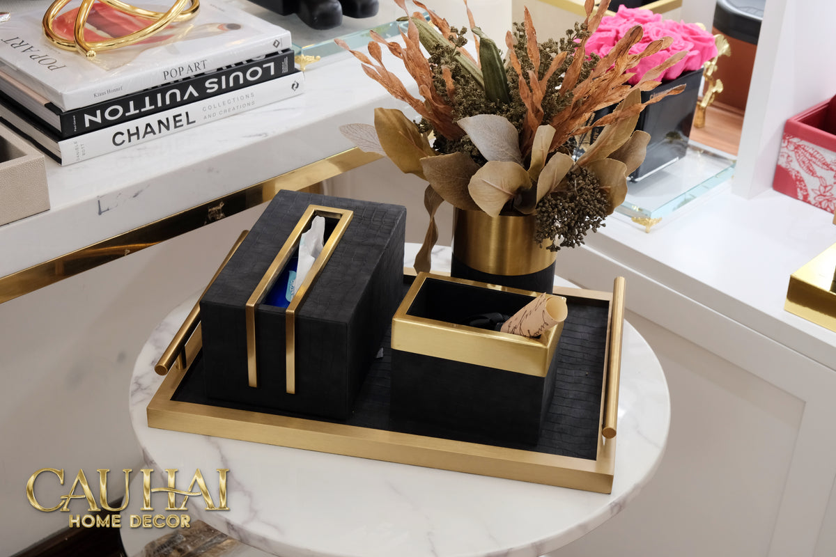 Maison Couture - Set Khay Hộp Giấy Gỗ Sồi Da Cao Cấp Có Bình Hoa - Luxe Oakwood Birkin Noire Vanities 4Pcs 30x40-KHAY TRANG TRÍ-CẬU HAI HOME DECOR-CẬU HAI HOME DECOR