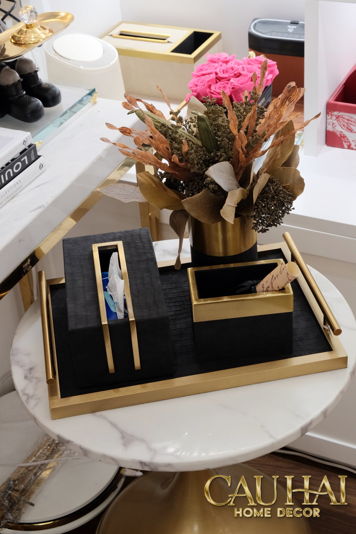 Maison Couture - Set Khay Hộp Giấy Gỗ Sồi Da Cao Cấp Có Bình Hoa - Luxe Oakwood Birkin Noire Vanities 4Pcs 30x40-KHAY TRANG TRÍ-CẬU HAI HOME DECOR-CẬU HAI HOME DECOR