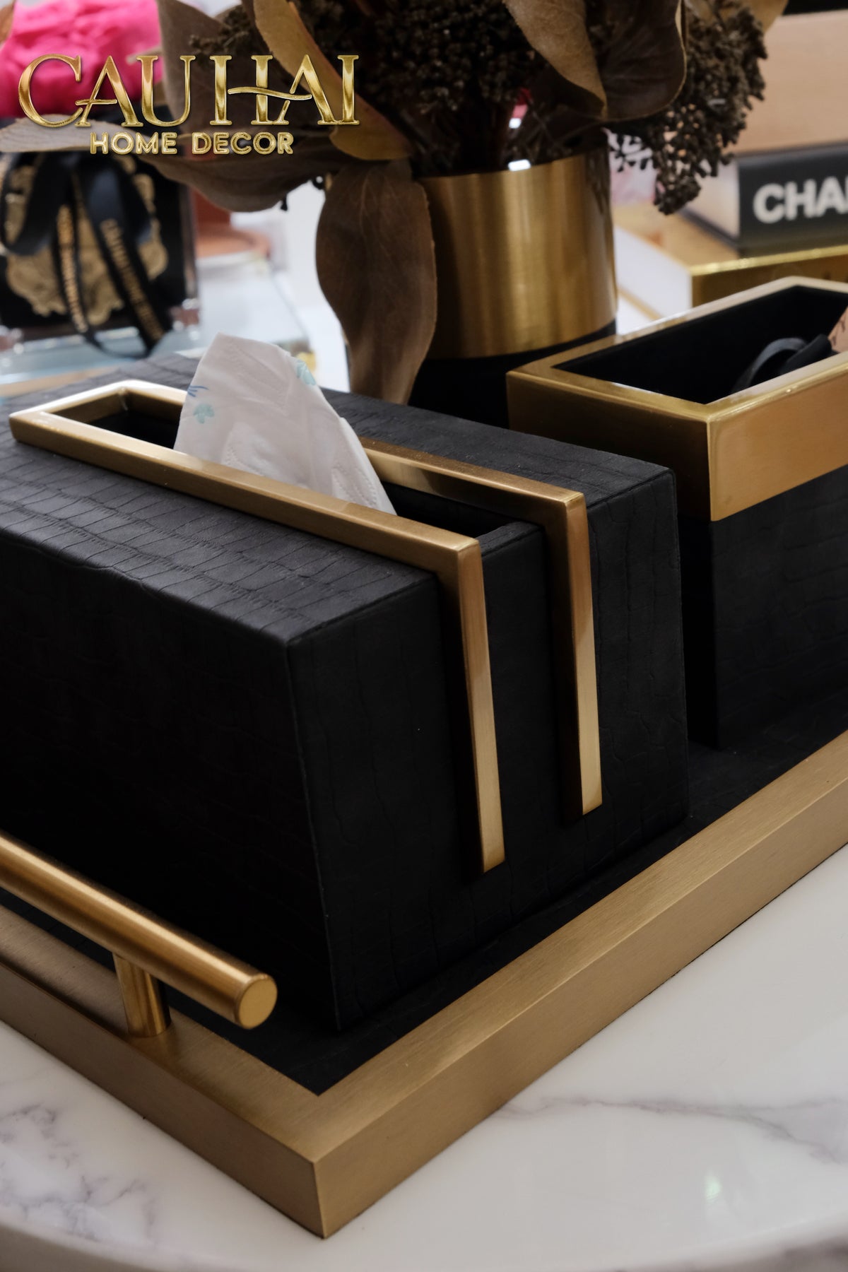 Maison Couture - Set Khay Hộp Giấy Gỗ Sồi Da Cao Cấp Có Bình Hoa - Luxe Oakwood Birkin Noire Vanities 4Pcs 30x40-KHAY TRANG TRÍ-CẬU HAI HOME DECOR-CẬU HAI HOME DECOR
