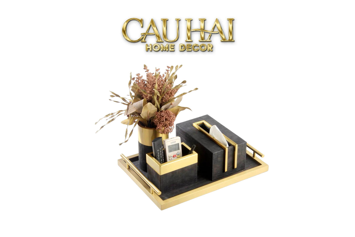 Maison Couture - Set Khay Hộp Giấy Gỗ Sồi Da Cao Cấp Có Bình Hoa - Luxe Oakwood Birkin Noire Vanities 4Pcs 30x40-KHAY TRANG TRÍ-CẬU HAI HOME DECOR-CẬU HAI HOME DECOR