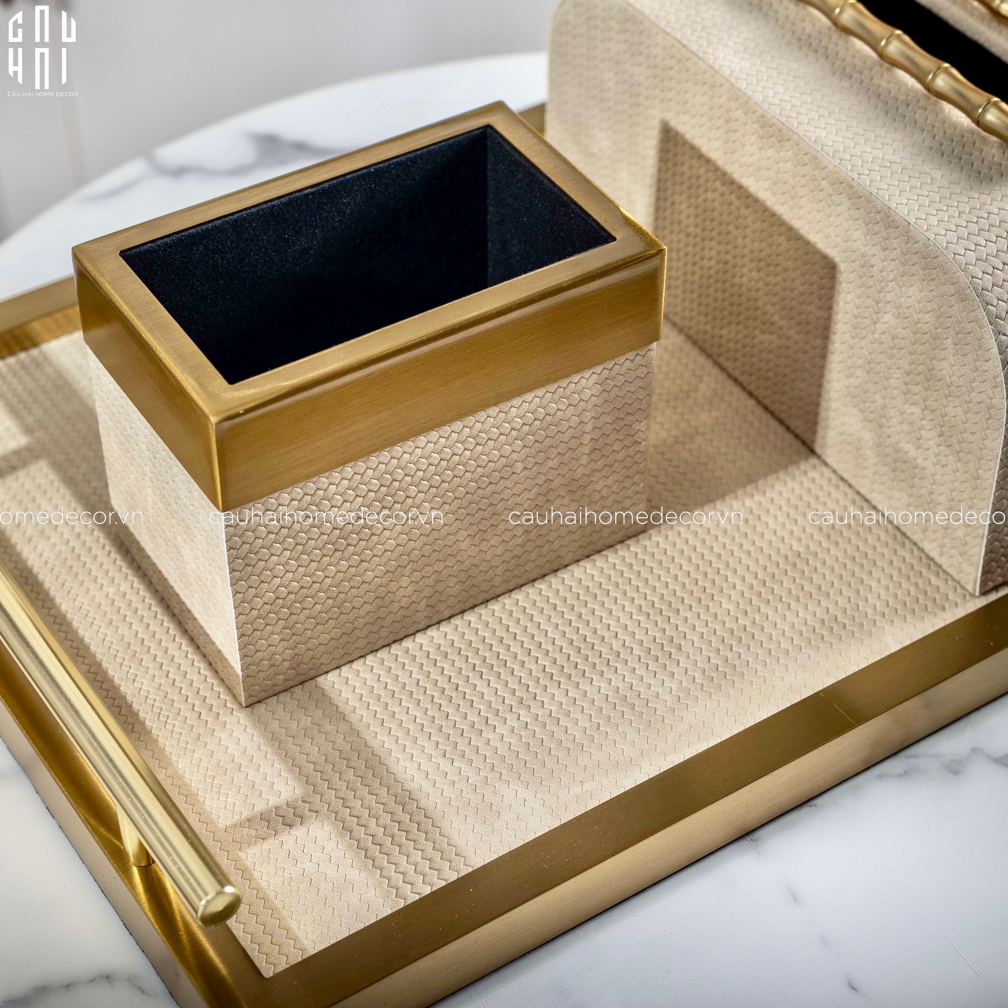 Maison Couture - Set Khay Hộp Giấy Gỗ Sồi Da Cao Cấp Héritage Bamboo 3Pcs 30x40 - Dolce Latte-HỘP KHĂN GIẤY-CẬU HAI HOME DECOR