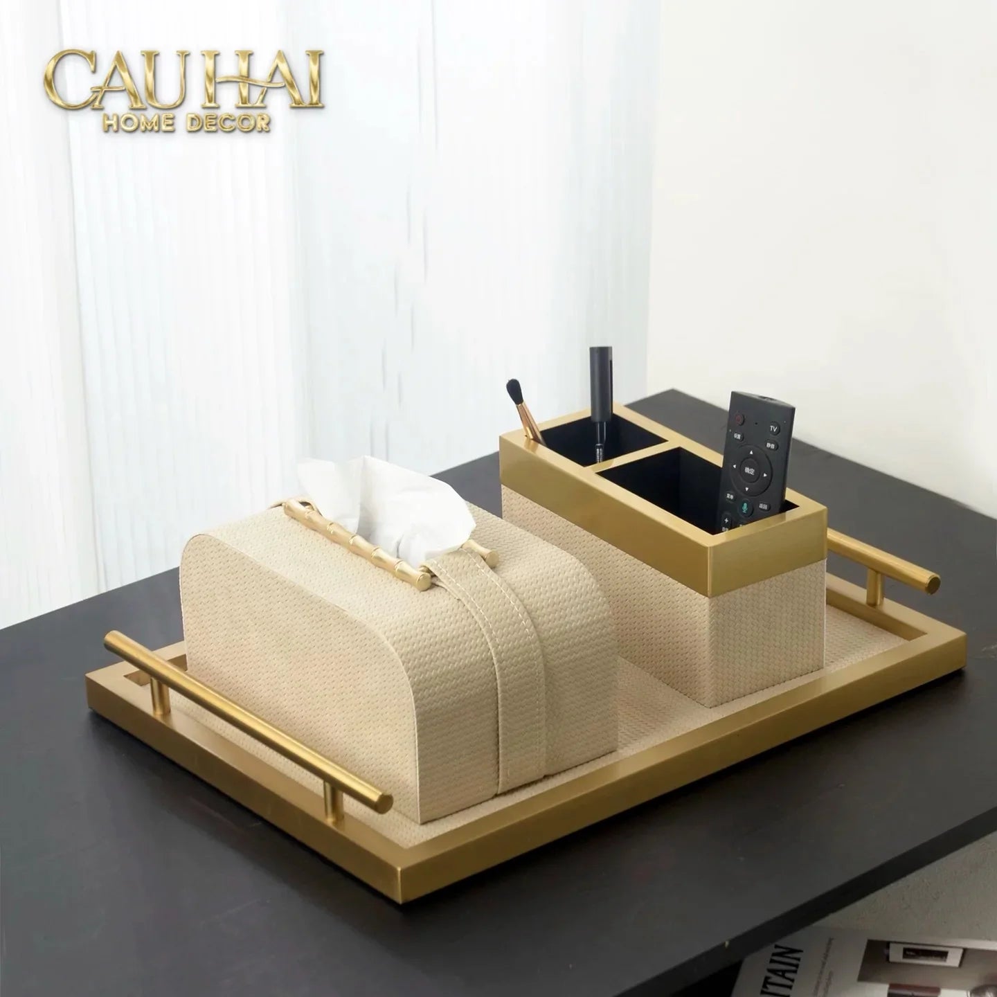 Maison Couture - Set Khay Hộp Giấy Gỗ Sồi Da Cao Cấp Héritage Bamboo 3Pcs 30x40 - Dolce Latte-HỘP KHĂN GIẤY-CẬU HAI HOME DECOR