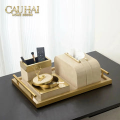 Maison Couture - Set Khay Hộp Giấy Gỗ Sồi Da Cao Cấp Héritage Bamboo 3Pcs 30x40 - Dolce Latte-HỘP KHĂN GIẤY-CẬU HAI HOME DECOR