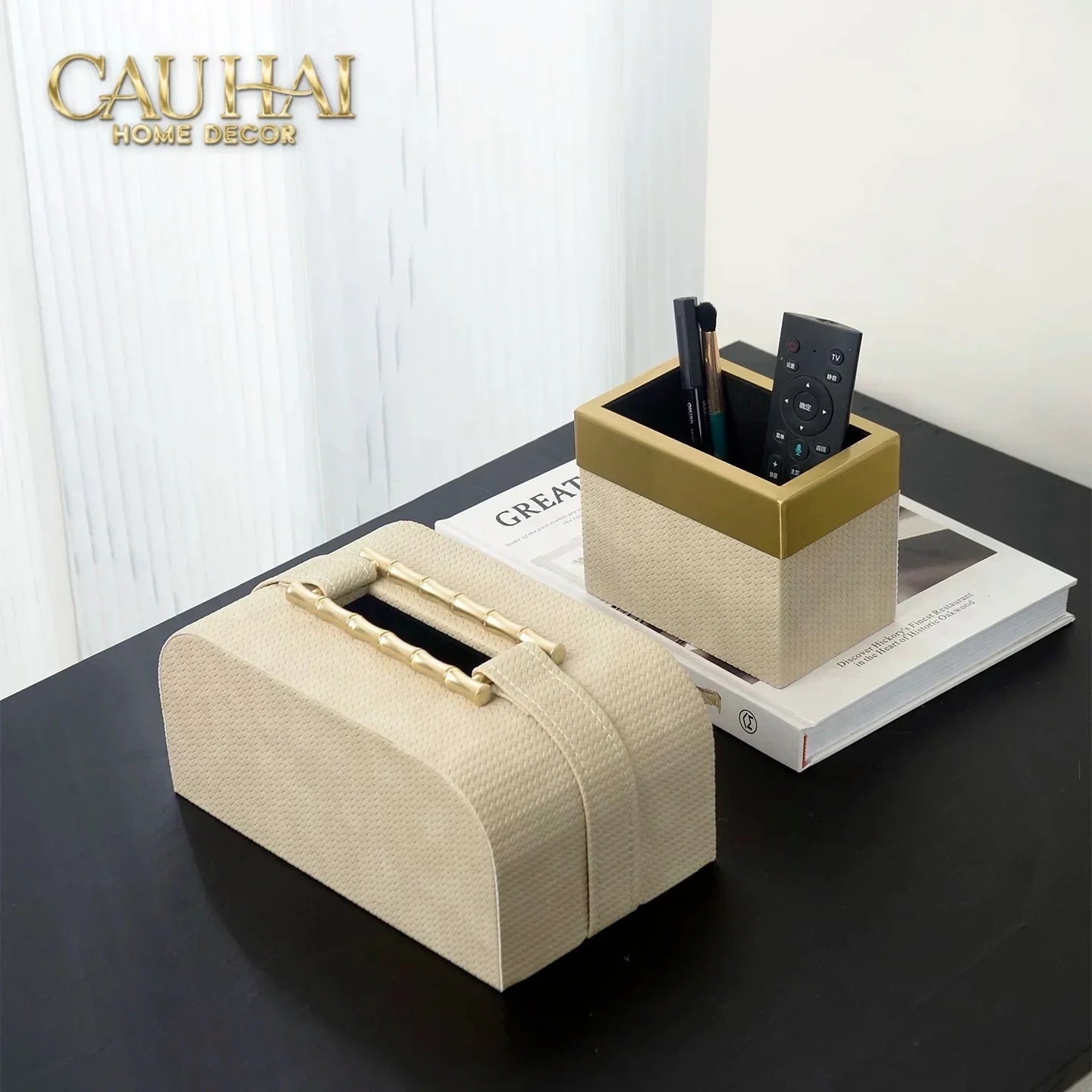 Maison Couture - Set Khay Hộp Giấy Gỗ Sồi Da Cao Cấp Héritage Bamboo 3Pcs 30x40 - Dolce Latte-HỘP KHĂN GIẤY-CẬU HAI HOME DECOR