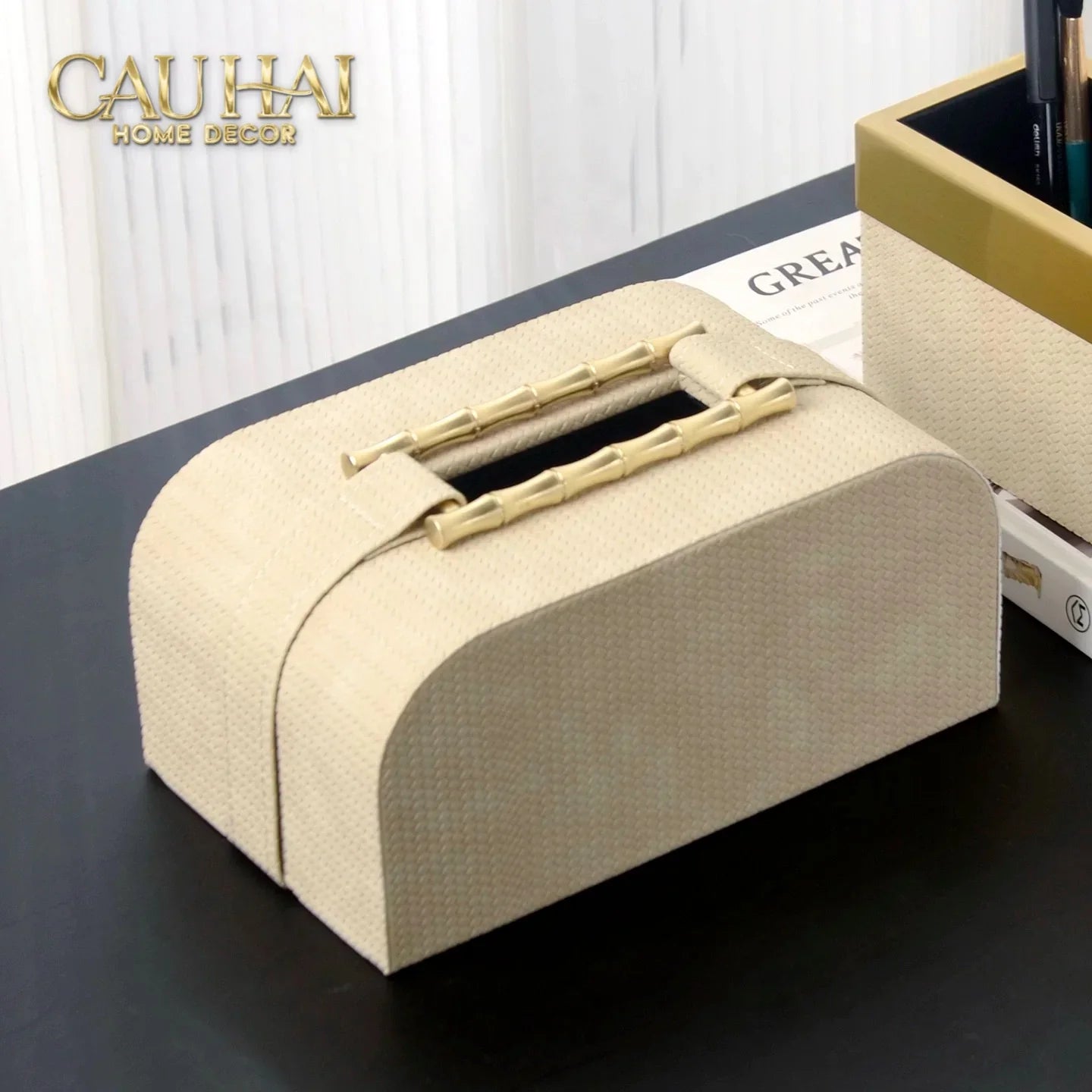 Maison Couture - Set Khay Hộp Giấy Gỗ Sồi Da Cao Cấp Héritage Bamboo 3Pcs 30x40 - Dolce Latte-HỘP KHĂN GIẤY-CẬU HAI HOME DECOR