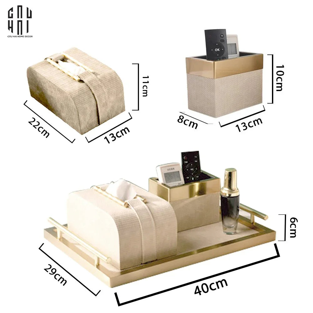 Maison Couture - Set Khay Hộp Giấy Gỗ Sồi Da Cao Cấp Héritage Bamboo 3Pcs 30x40 - Dolce Latte-HỘP KHĂN GIẤY-CẬU HAI HOME DECOR