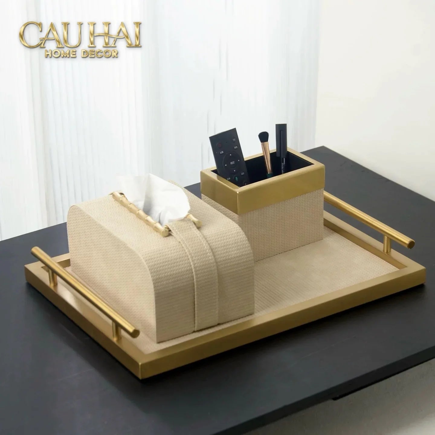 Maison Couture - Set Khay Hộp Giấy Gỗ Sồi Da Cao Cấp Héritage Bamboo 3Pcs 30x40 - Dolce Latte-HỘP KHĂN GIẤY-CẬU HAI HOME DECOR