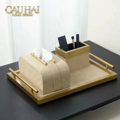 Maison Couture - Set Khay Hộp Giấy Gỗ Sồi Da Cao Cấp Héritage Bamboo 3Pcs 30x40 - Dolce Latte-HỘP KHĂN GIẤY-CẬU HAI HOME DECOR