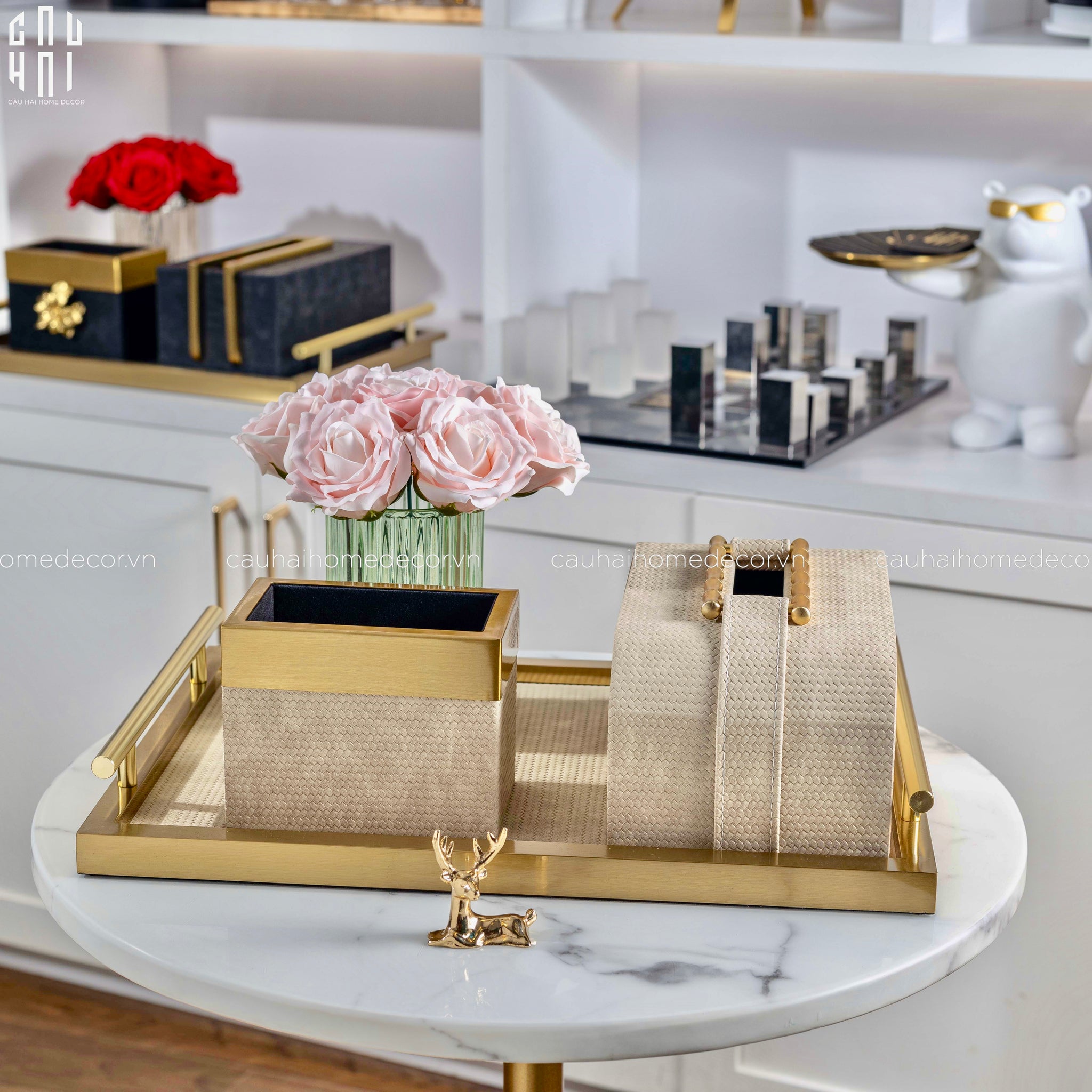 Maison Couture - Set Khay Hộp Giấy Gỗ Sồi Da Cao Cấp Héritage Bamboo 3Pcs 30x40 - Dolce Latte-HỘP KHĂN GIẤY-CẬU HAI HOME DECOR