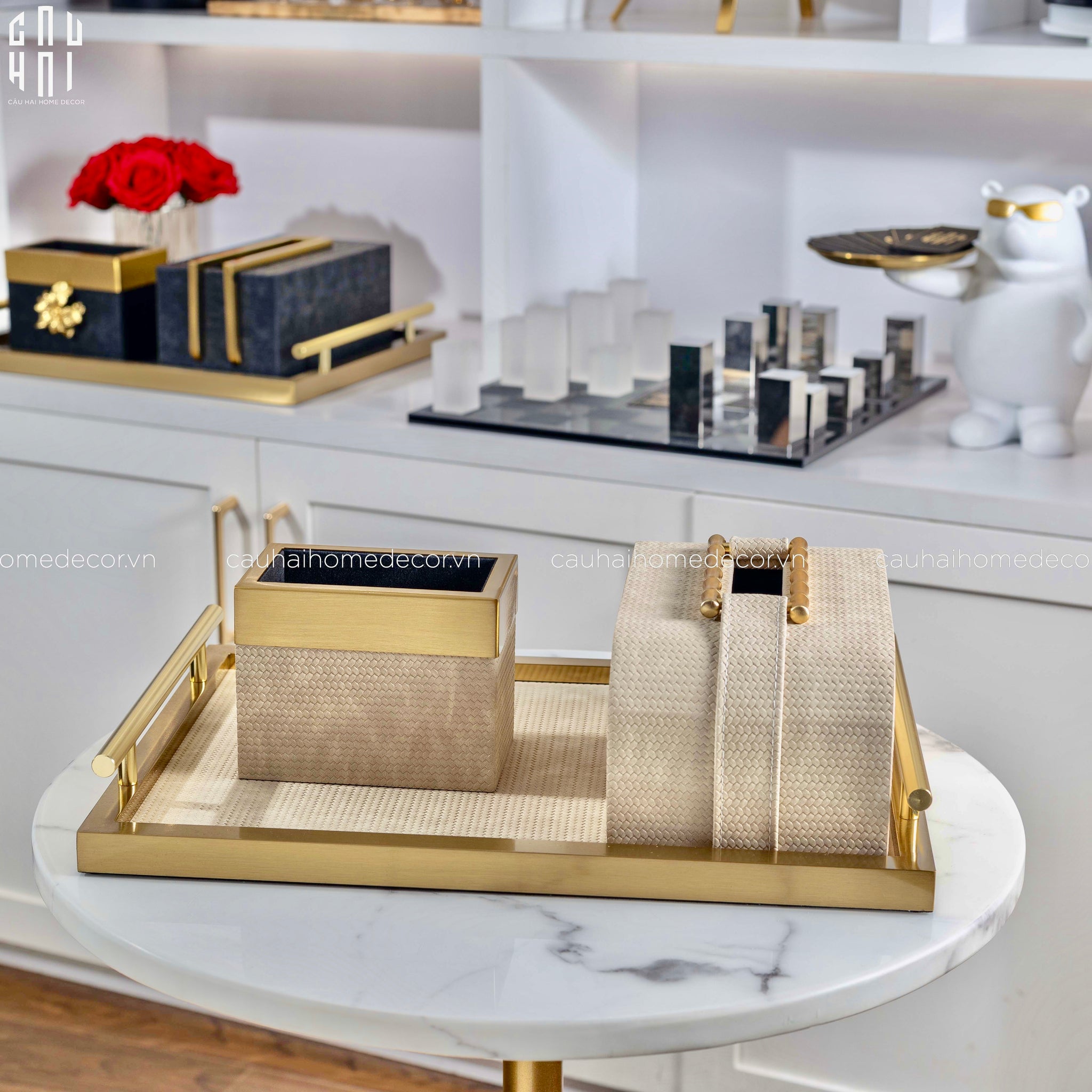 Maison Couture - Set Khay Hộp Giấy Gỗ Sồi Da Cao Cấp Héritage Bamboo 3Pcs 30x40 - Dolce Latte-HỘP KHĂN GIẤY-CẬU HAI HOME DECOR