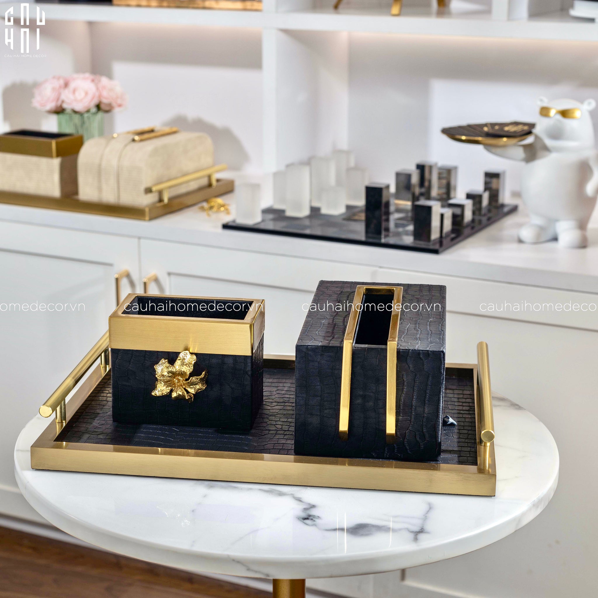 Maison Couture - Set Khay Hộp Giấy Gỗ Sồi Da Cao Cấp - Luxe Oakwood Birkin Noire Vanities 3Pcs 30x40-HỘP KHĂN GIẤY-CẬU HAI HOME DECOR
