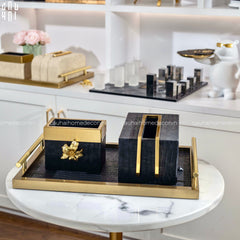 Maison Couture - Set Khay Hộp Giấy Gỗ Sồi Da Cao Cấp - Luxe Oakwood Birkin Noire Vanities 3Pcs 30x40-HỘP KHĂN GIẤY-CẬU HAI HOME DECOR