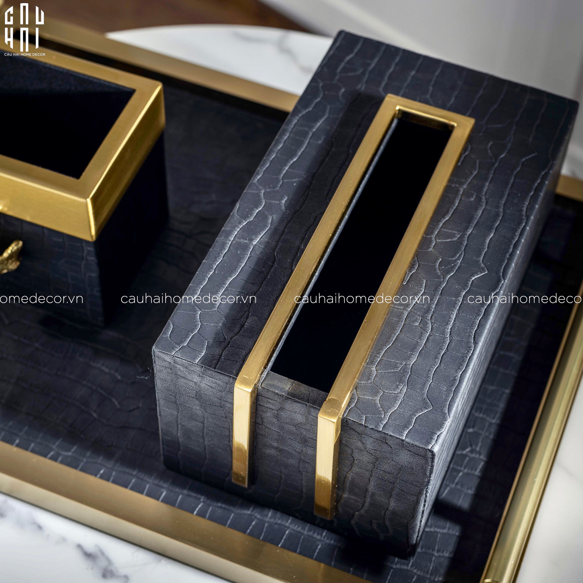 Maison Couture - Set Khay Hộp Giấy Gỗ Sồi Da Cao Cấp - Luxe Oakwood Birkin Noire Vanities 3Pcs 30x40-HỘP KHĂN GIẤY-CẬU HAI HOME DECOR