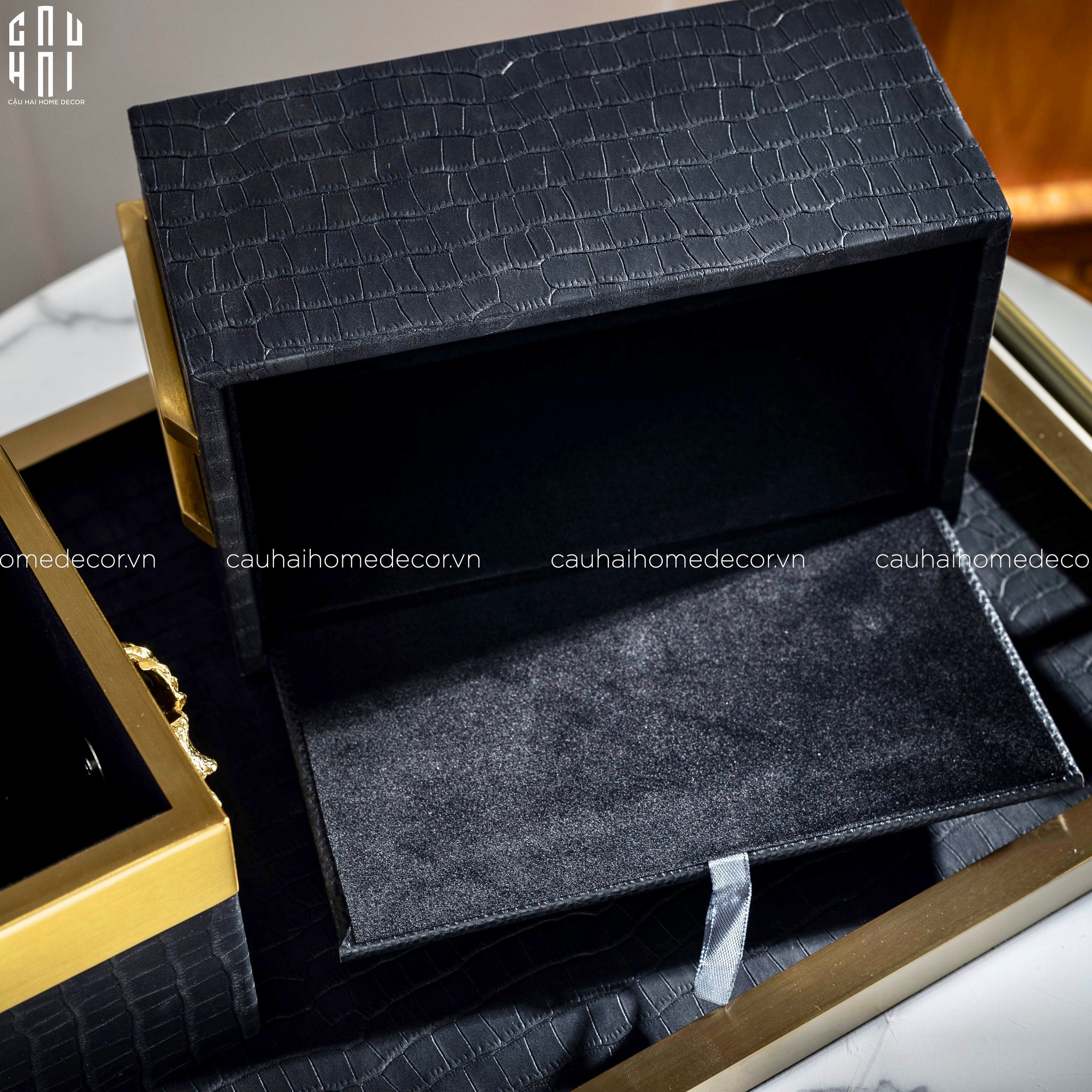 Maison Couture - Set Khay Hộp Giấy Gỗ Sồi Da Cao Cấp - Luxe Oakwood Birkin Noire Vanities 3Pcs 30x40-HỘP KHĂN GIẤY-CẬU HAI HOME DECOR