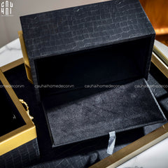 Maison Couture - Set Khay Hộp Giấy Gỗ Sồi Da Cao Cấp - Luxe Oakwood Birkin Noire Vanities 3Pcs 30x40-HỘP KHĂN GIẤY-CẬU HAI HOME DECOR