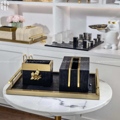 Maison Couture - Set Khay Hộp Giấy Gỗ Sồi Da Cao Cấp - Luxe Oakwood Birkin Noire Vanities 3Pcs 30x40-HỘP KHĂN GIẤY-CẬU HAI HOME DECOR