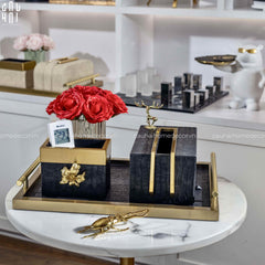 Maison Couture - Set Khay Hộp Giấy Gỗ Sồi Da Cao Cấp - Luxe Oakwood Birkin Noire Vanities 3Pcs 30x40-HỘP KHĂN GIẤY-CẬU HAI HOME DECOR