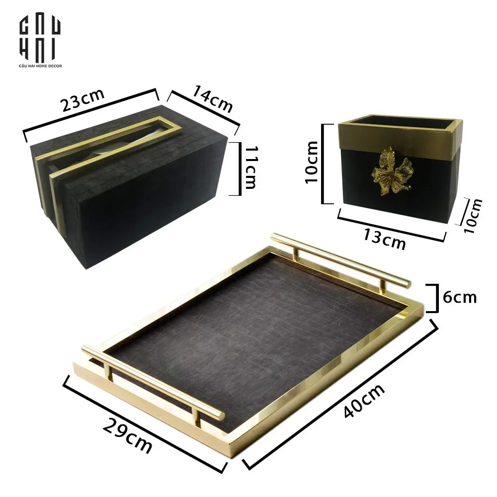 Maison Couture - Set Khay Hộp Giấy Gỗ Sồi Da Cao Cấp - Luxe Oakwood Birkin Noire Vanities 3Pcs 30x40-HỘP KHĂN GIẤY-CẬU HAI HOME DECOR