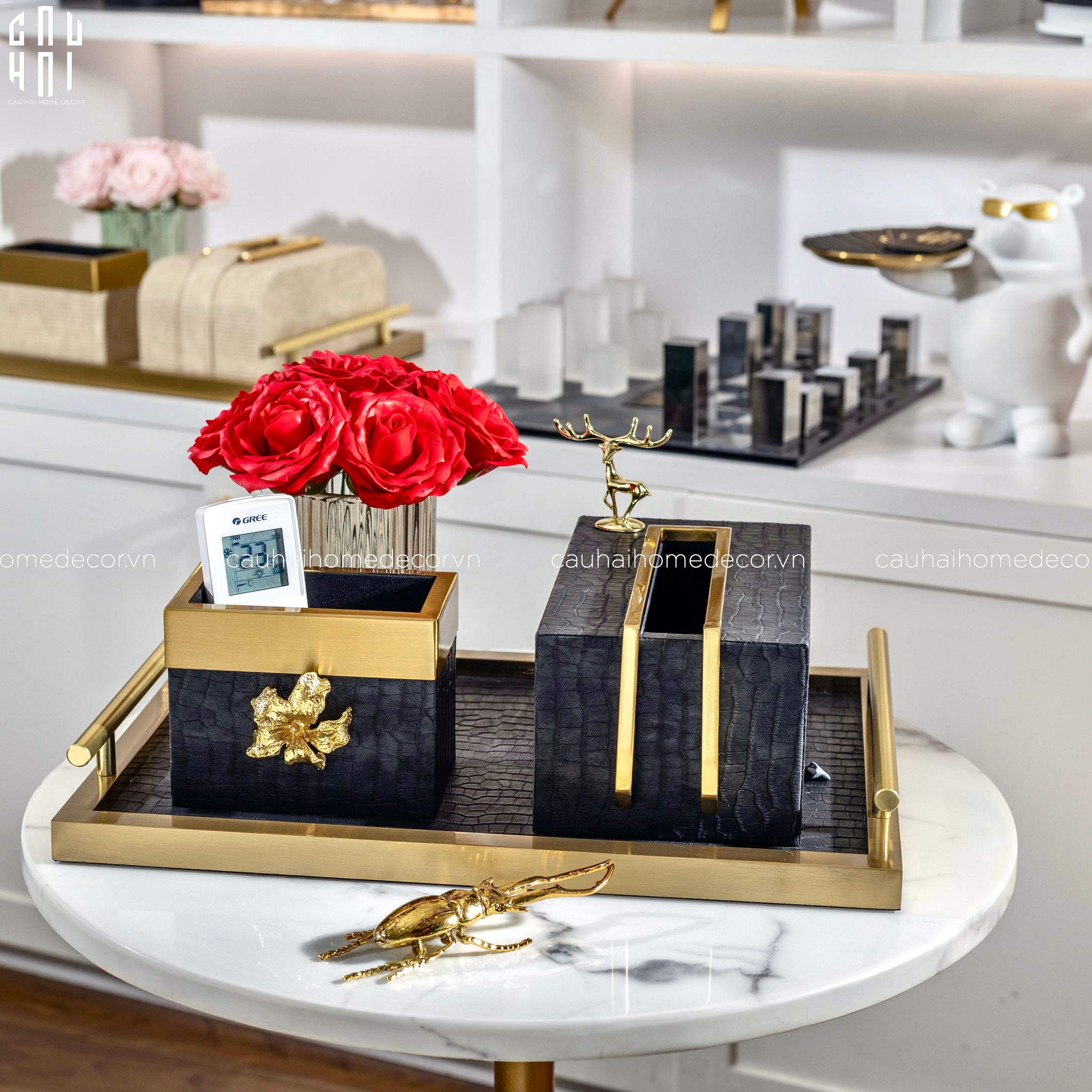 Maison Couture - Set Khay Hộp Giấy Gỗ Sồi Da Cao Cấp - Luxe Oakwood Birkin Noire Vanities 3Pcs 30x40-HỘP KHĂN GIẤY-CẬU HAI HOME DECOR