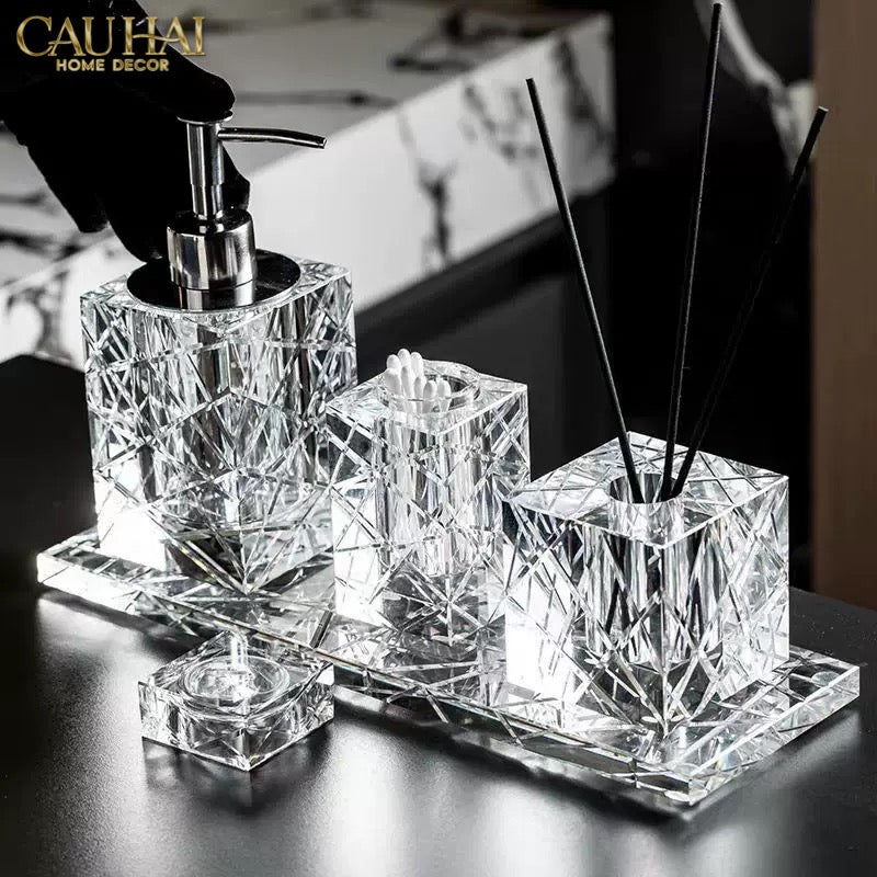 Maison Couture - Set Nhà Tắm Pha Lê Lumière Cristalleries Bathroom Vanity Set - Smoky Cannage Facetté Set 4pcs-PHỤ KIỆN NHÀ TẮM-CẬU HAI HOME DECOR