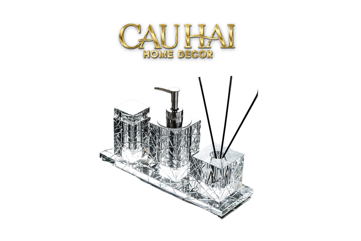 Maison Couture - Set Nhà Tắm Pha Lê Lumière Cristalleries Bathroom Vanity Set - Smoky Cannage Facetté Set 4pcs-PHỤ KIỆN NHÀ TẮM-CẬU HAI HOME DECOR