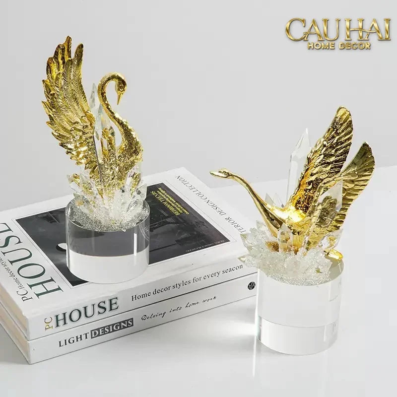Maison Couture - Set Tượng Đôi Thiên Nga Cygnes Royaux aux Ailes Déployées Cristalleries Quartz Blanc 22/25-TƯỢNG TRANG TRÍ-CẬU HAI HOME DECOR