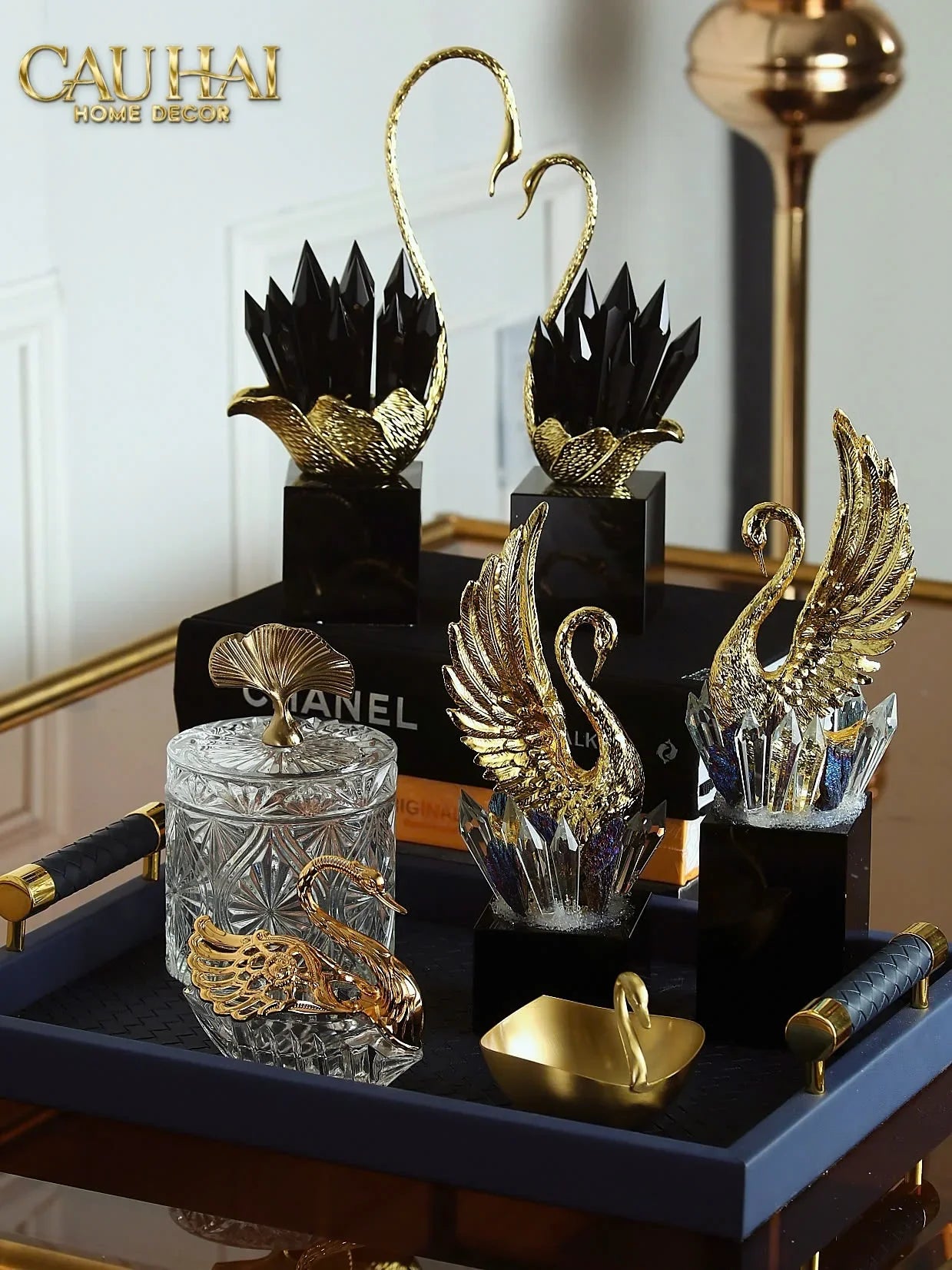 Maison Couture - Set Tượng Thiên Nga Black Crystal H24/29-TƯỢNG TRANG TRÍ-CẬU HAI HOME DECOR