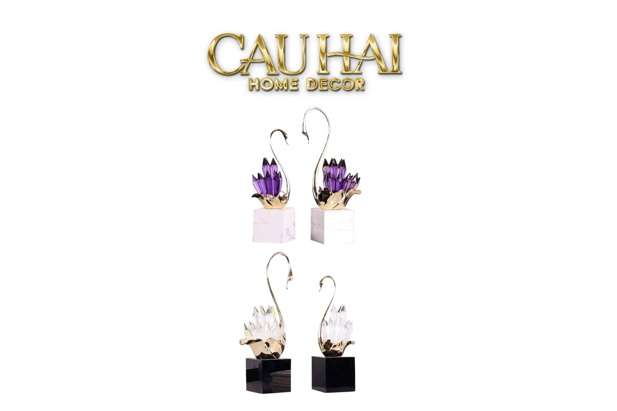 Maison Couture - Set Tượng Thiên Nga Pha Lê Tím Đế Đá Marble Swan D’Amour - Lilac Cristalleries-TƯỢNG TRANG TRÍ-CẬU HAI HOME DECOR