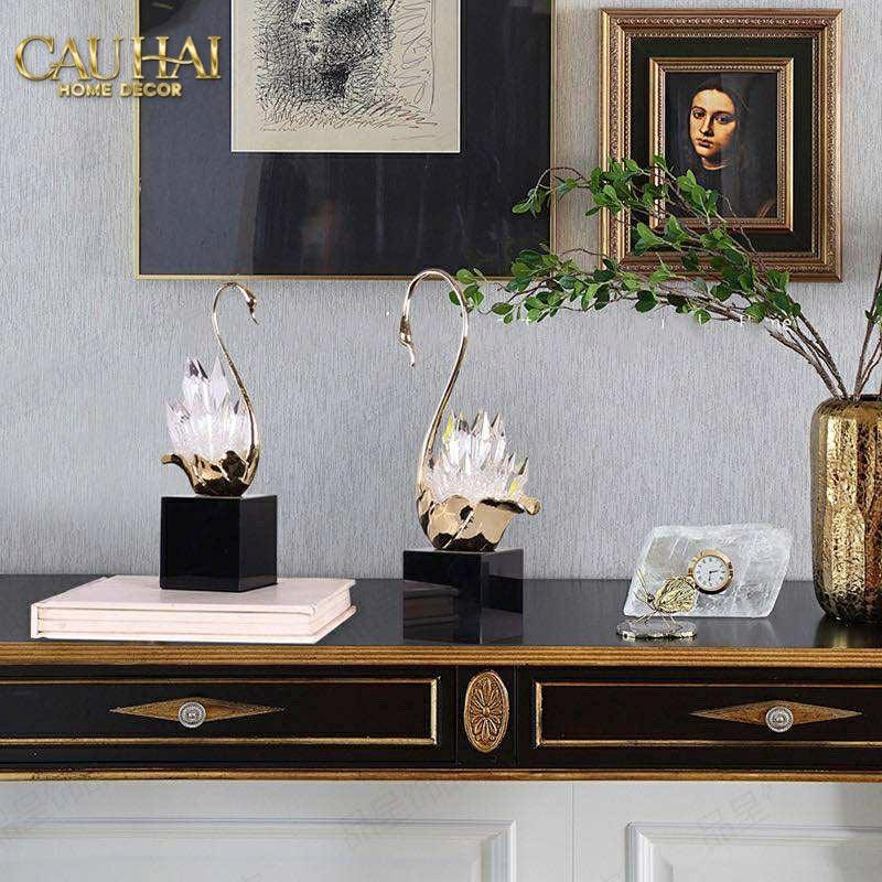 Maison Couture - Set Tượng Thiên Nga Pha Lê Tím Đế Đá Marble Swan D’Amour - Lilac Cristalleries-TƯỢNG TRANG TRÍ-CẬU HAI HOME DECOR