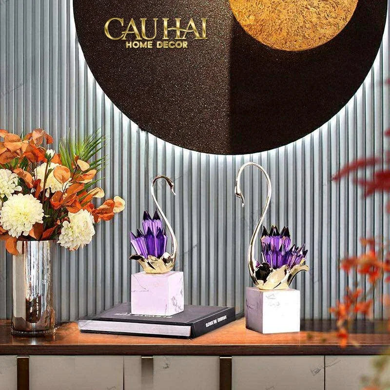 Maison Couture - Set Tượng Thiên Nga Pha Lê Tím Đế Đá Marble Swan D’Amour - Lilac Cristalleries-TƯỢNG TRANG TRÍ-CẬU HAI HOME DECOR