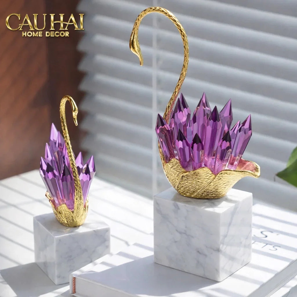 Maison Couture - Set Tượng Thiên Nga Pha Lê Tím Đế Đá Marble Swan D’Amour - Lilac Cristalleries-TƯỢNG TRANG TRÍ-CẬU HAI HOME DECOR
