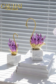 Maison Couture - Set Tượng Thiên Nga Pha Lê Tím Đế Đá Marble Swan D’Amour - Lilac Cristalleries-TƯỢNG TRANG TRÍ-CẬU HAI HOME DECOR
