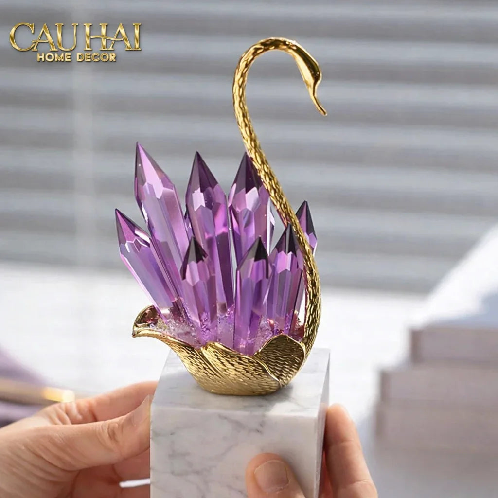 Maison Couture - Set Tượng Thiên Nga Pha Lê Tím Đế Đá Marble Swan D’Amour - Lilac Cristalleries-TƯỢNG TRANG TRÍ-CẬU HAI HOME DECOR
