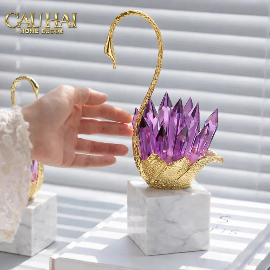 Maison Couture - Set Tượng Thiên Nga Pha Lê Tím Đế Đá Marble Swan D’Amour - Lilac Cristalleries-TƯỢNG TRANG TRÍ-CẬU HAI HOME DECOR