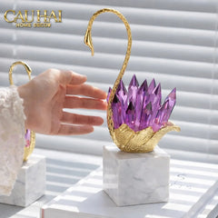 Maison Couture - Set Tượng Thiên Nga Pha Lê Tím Đế Đá Marble Swan D’Amour - Lilac Cristalleries-TƯỢNG TRANG TRÍ-CẬU HAI HOME DECOR