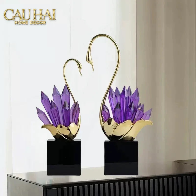 Maison Couture - Set Tượng Thiên Nga Pha Lê Tím Đế Đá Marble Swan D’Amour - Lilac Cristalleries-TƯỢNG TRANG TRÍ-CẬU HAI HOME DECOR